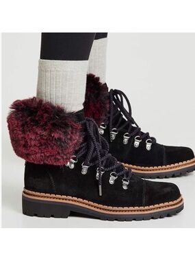 Sam Edelman Bowen Combat Boot Black Suede With Raspberry Wine Faux Fur Cuff